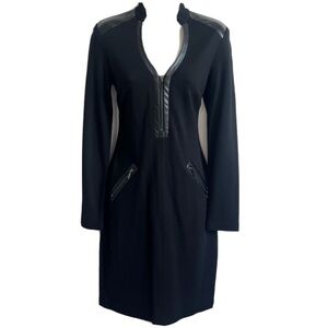 Caché sexy long sleeve short v neck stretchy black dress small zip accents